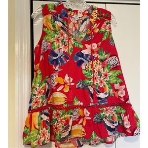 Crown & Ivy Sleeveless Top | Large | Tropical, Floral, Fun, Ruffles, Pom Pom